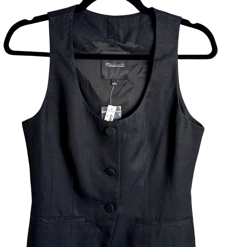 Madewell Scoopneck Cutaway Black Button Vest Top Size 2 Tailored Career Chic NWT - Picture 8 of 11